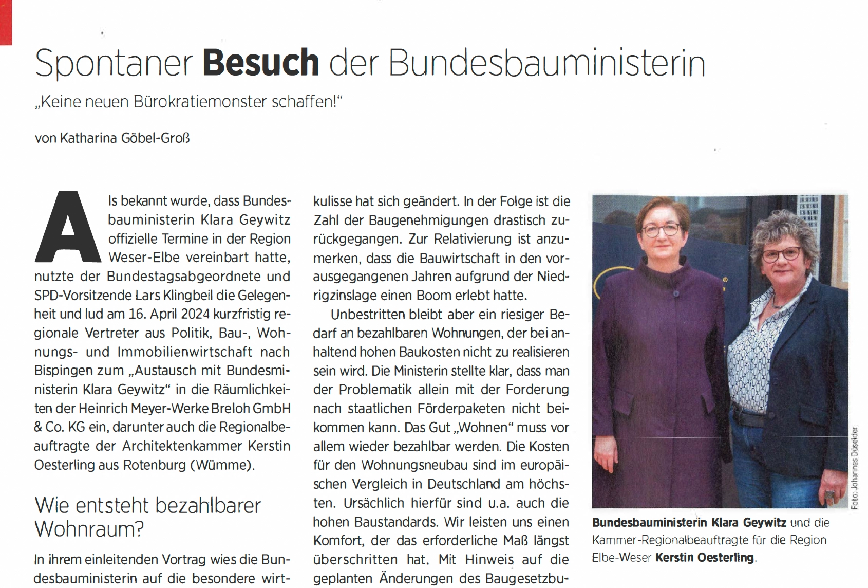 Bundesbauministerin Klara Geywitz und die Kammer-Regionalbeauftragte für die Region Elbe-Weser Kerstin Oesterling.